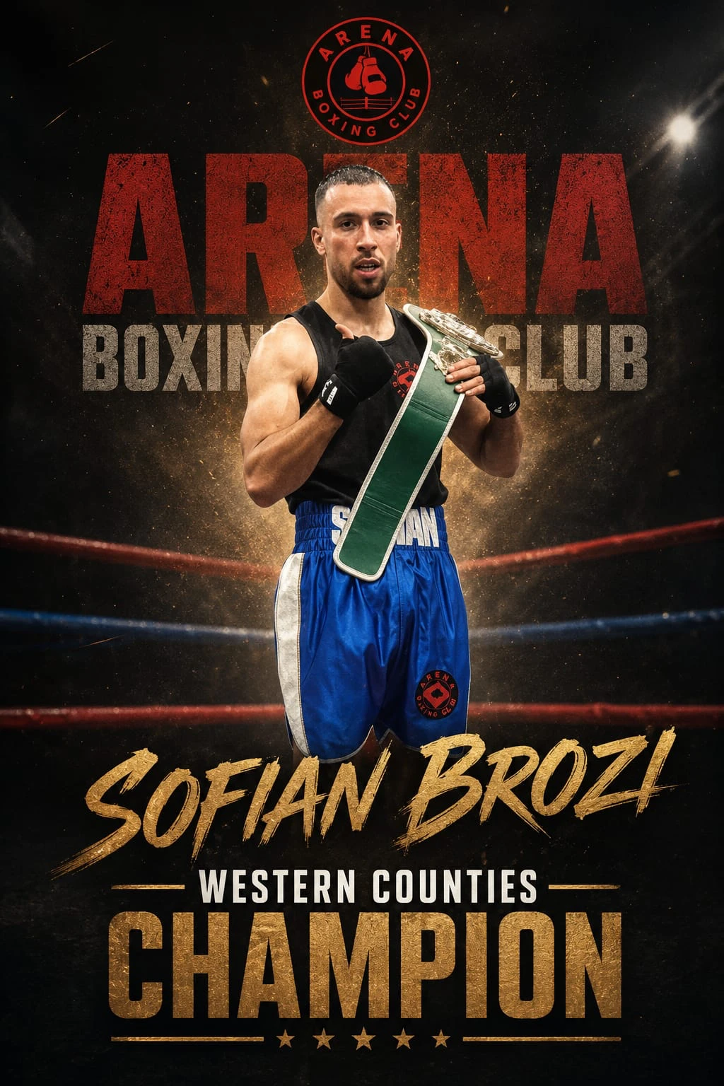 Arena boxer Sofian Brozi celebrating becoming Western Counties Champion