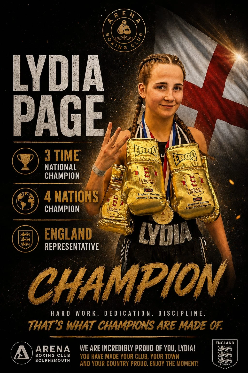 Arena boxer Lydia Page celebrating her national, Four Nations and England achievements